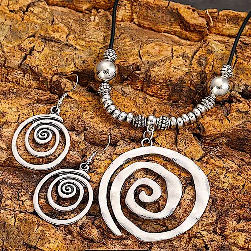 Boho Geometric Spiral Necklace Earrings Set - Picture 2 of 5